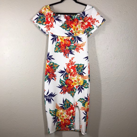 PrettyLittleThing White w/ Floral Bardot Printed Dress - Picture 2 of 14